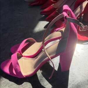 Women's Hot Pink Block Heel Ankle Strap Sandals